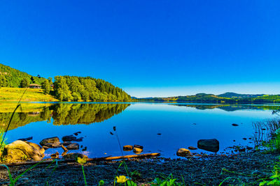 Scenic view of lake against clear blue sky