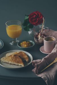 High angle view of breakfast served on table