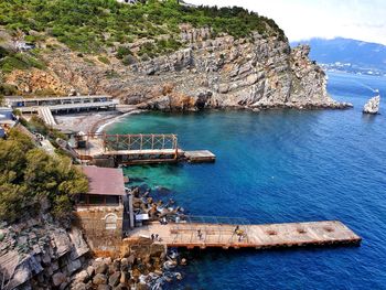 High angle view of rocks by sea against sky