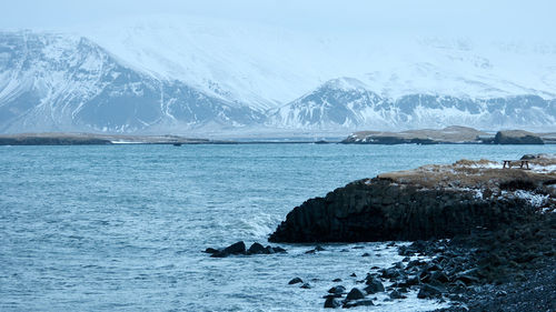 Scenic view of sea and snowcapped mountains during winter