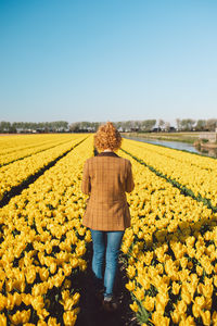 Rear view of woman walking on field against clear sky