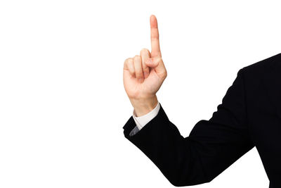 Midsection of man with text against white background