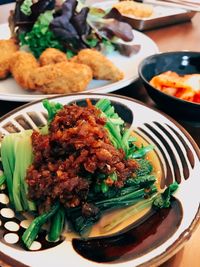 High angle view of food in plate on table