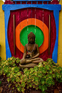 Seated meditating buddha statue figure in garden with bright colors painted on wood fence behind 