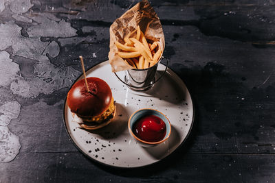 High angle view of breakfast served on table