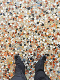 Low section of man standing on tiled floor