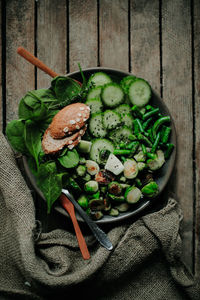 High angle view of food in plate on table