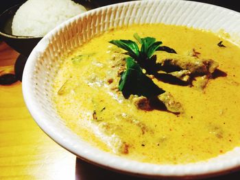 Close-up of noodles in bowl on table