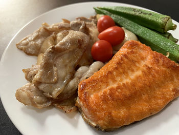 High angle view of food served in plate