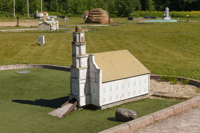 High angle view of lawn in yard