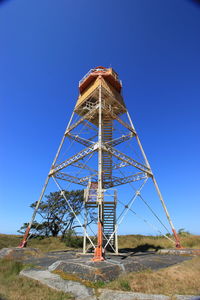 Low angle view of tower against clear blue sky