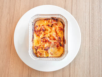 High angle view of breakfast served on table