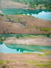 Scenic view of field by lake
