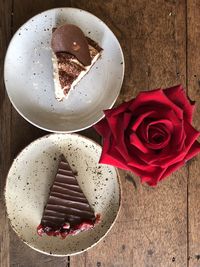 High angle view of rose on table