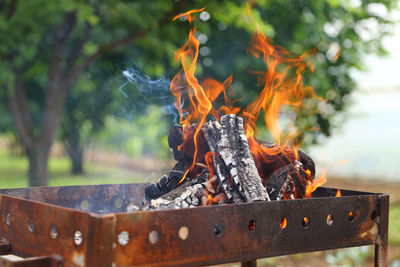 Close-up of firewood on barbecue grill