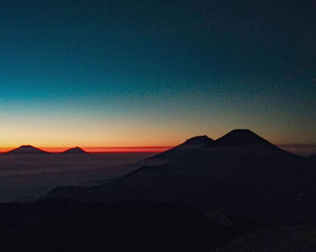 Scenic view of mountains against clear sky at sunset