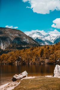 Scenic view of lake by snowcapped mountains against sky