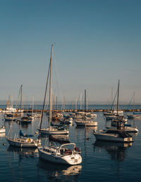 Sailboats moored in harbor against sky during sunset