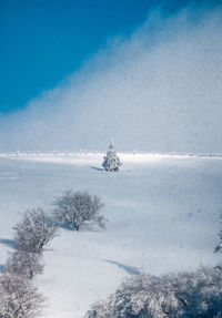 Scenic view of snow covered land against sky