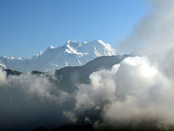 Low angle view of snowcapped mountains against clear blue sky