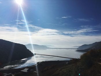 Scenic view of river and mountains against sky