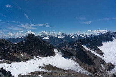 Scenic view of snowcapped mountains against blue sky