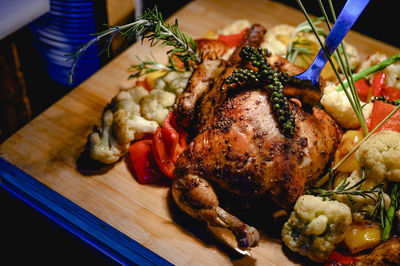 High angle view of meat on table