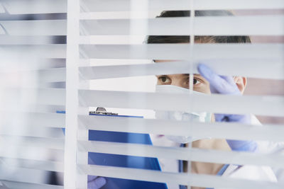 High angle view of people looking at office