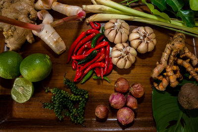 High angle view of chopped vegetables on table