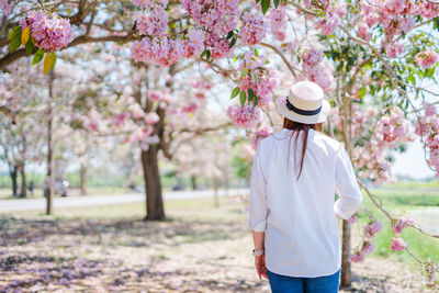 Woman standing by cherry blossom tree