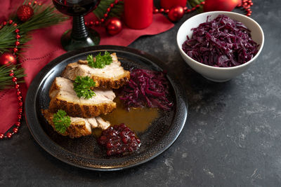 High angle view of food in bowl on table