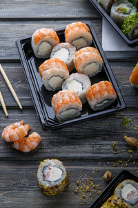 High angle view of sushi on table