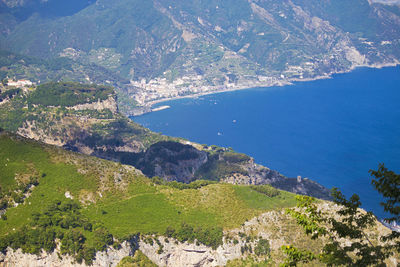 High angle view of sea and mountains