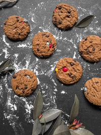 High angle view of cookies on table