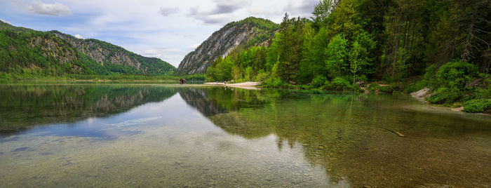 Scenic view of lake by trees against sky