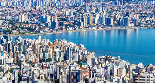 High angle view of modern buildings in city