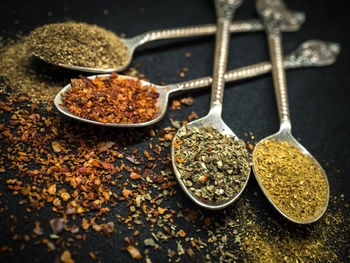 Close-up of seasoning in spoons on table