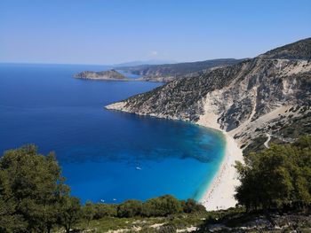 Scenic view of sea against clear blue sky