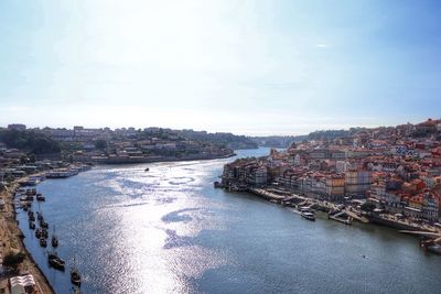 Aerial view of river by buildings in city against sky