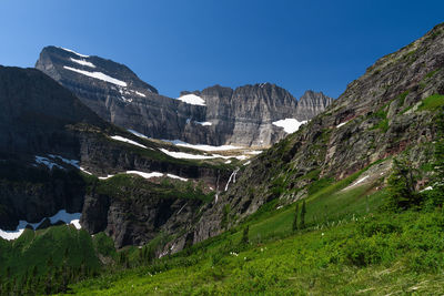 Scenic view of mountains against clear blue sky