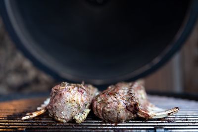 Close-up of meat on barbecue grill