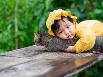 Close-up of cat sitting on wood