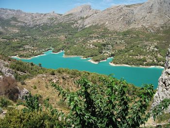 High angle view of lake and mountains