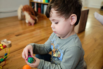 Portrait of a young boy of three playing with a toy in the living room