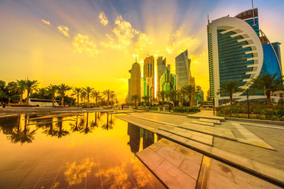 Reflection of buildings in lake against sky during sunset