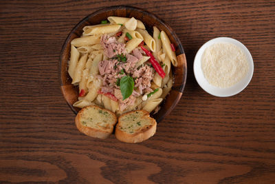 High angle view of meal served on table