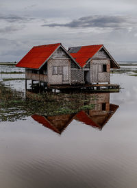 Houses by lake against sky