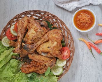 High angle view of food in plate on table