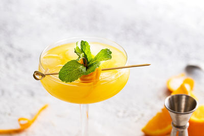 High angle view of fruits in glass on table