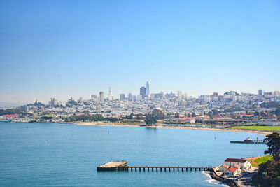 Scenic view of river by city against clear blue sky